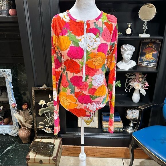 TRINA TURK SUNNY BLOOM LONG SLEEVE SWIMSUIT PADDLE SUIT RASH GUARD size XL - Picture 1 of 15